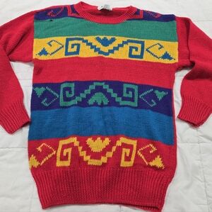 Jade Men's Sweater with Red, Blue, and Yellow Geometric Design